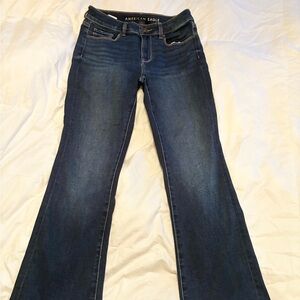American Eagle Outfitters Women's Dark Blue Flare Jeans in Extra Short